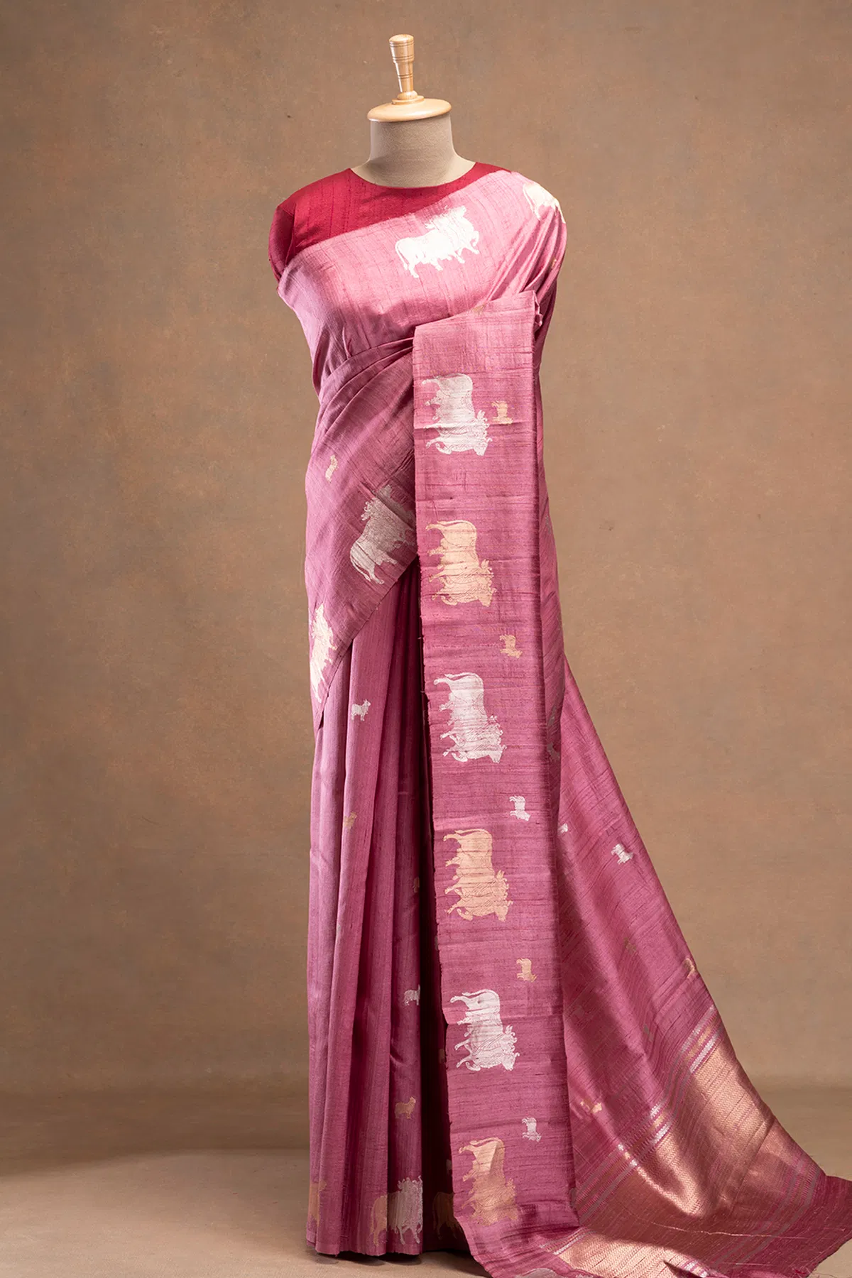 carnation pink zari woven tussar silk saree